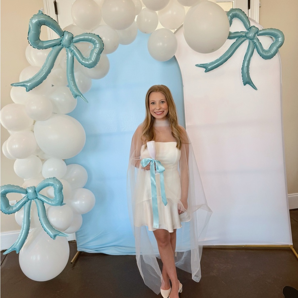 Lulu's White Short Strapless Bridal Dress with Pale Blue Ribbon